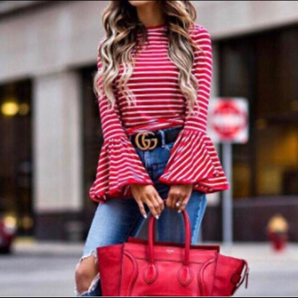 White & Red Striped Bell Sleeve Top